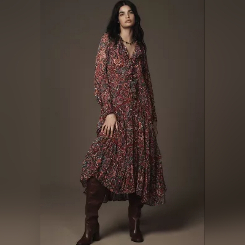 Anthropologie Long-Sleeve Ruffled Boho Midi Dress Size L
